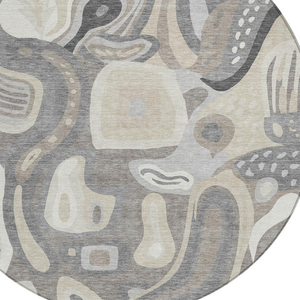 8' Taupe And Beige Round Abstract Washable Indoor Outdoor Area Rug