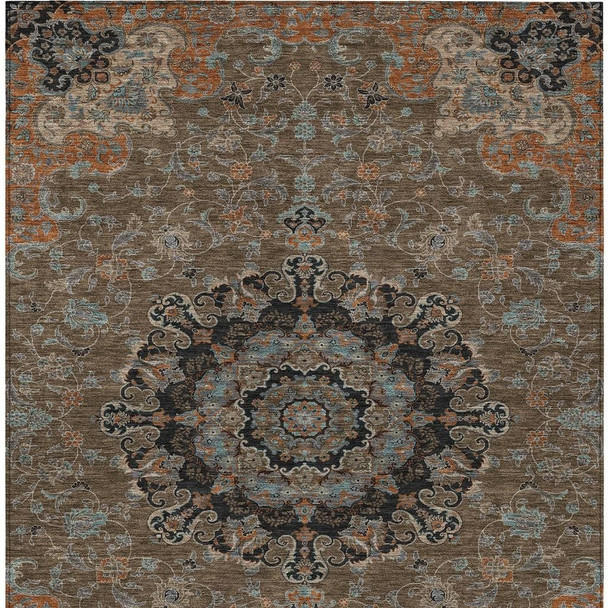 9' X 12' Chocolate And Black Floral Medallion Washable Indoor Outdoor Area Rug