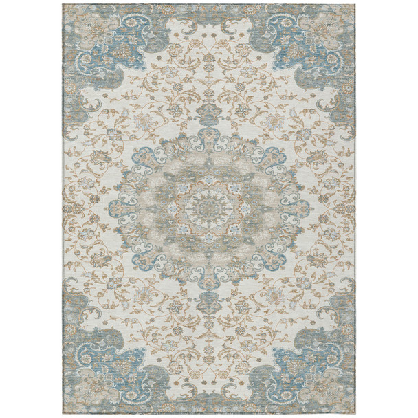 3' X 5' Ivory And Gray Floral Medallion Washable Indoor Outdoor Area Rug