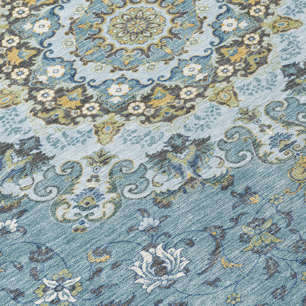 10' X 14' Teal Blue And Gold Floral Medallion Washable Indoor Outdoor Area Rug