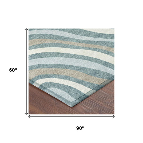 5' X 8' Teal Blue And Taupe Striped Washable Indoor Outdoor Area Rug