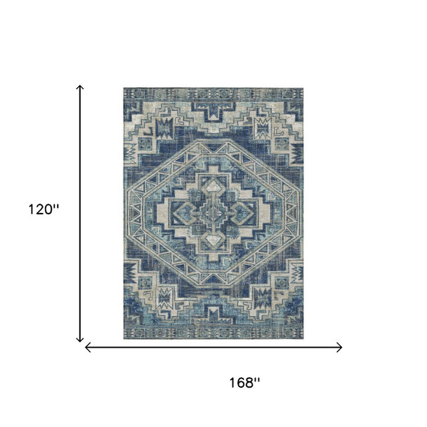 10' X 14' Navy Blue And Blue Southwestern Washable Indoor Outdoor Area Rug