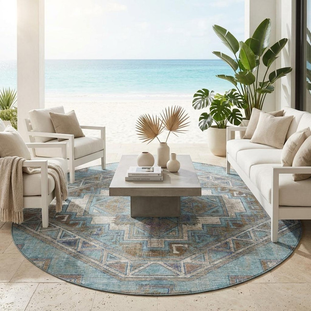 8' Teal Blue And Gray Round Southwestern Washable Indoor Outdoor Area Rug