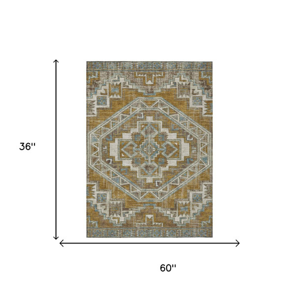 3' X 5' Walnut And Gold Southwestern Washable Indoor Outdoor Area Rug