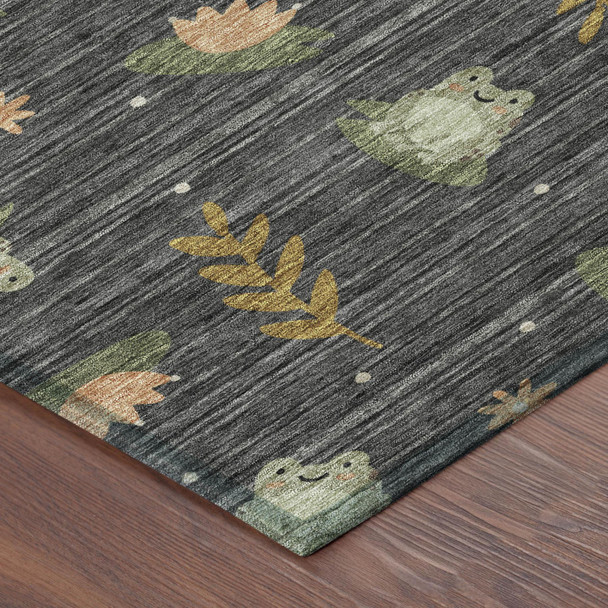 9' X 12' Black And Graphite Botanical Leaves Washable Indoor Outdoor Area Rug