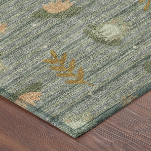 9' X 12' Green And Brown Botanical Leaves Washable Indoor Outdoor Area Rug