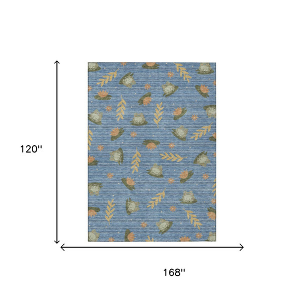 10' X 14' Blue And Olive Green Botanical Leaves Washable Indoor Outdoor Area Rug