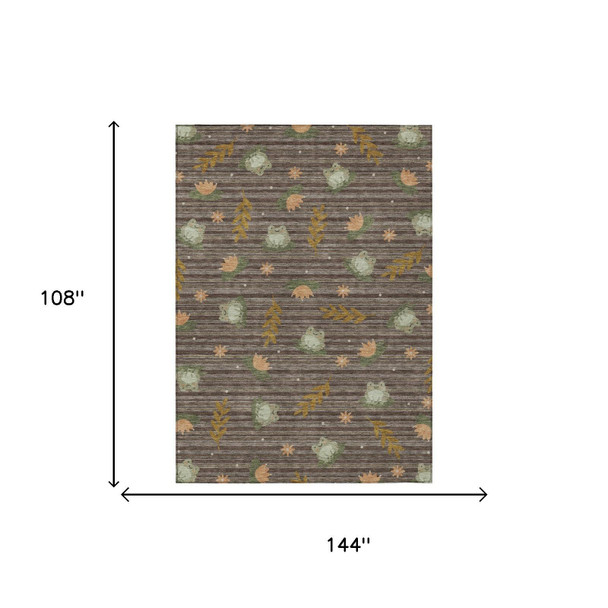 9' X 12' Chocolate And Brown Botanical Leaves Washable Indoor Outdoor Area Rug