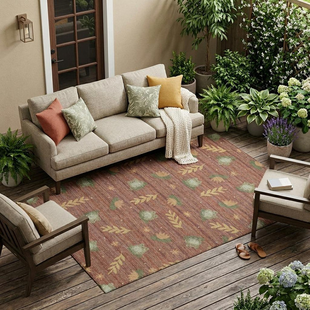 10' X 14' Red And Merlot Botanical Leaves Washable Indoor Outdoor Area Rug