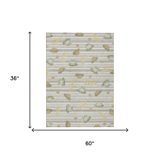 3' X 5' Ivory And Silver Botanical Leaves Washable Indoor Outdoor Area Rug