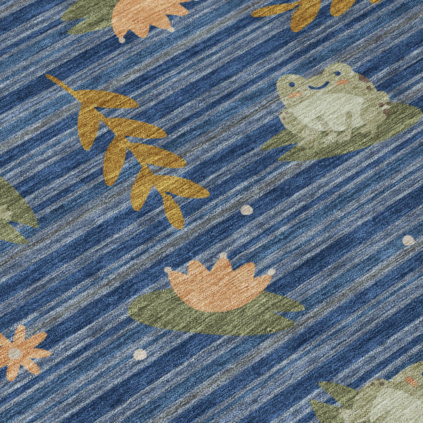8' X 10' Navy Blue And Blue Botanical Leaves Washable Indoor Outdoor Area Rug