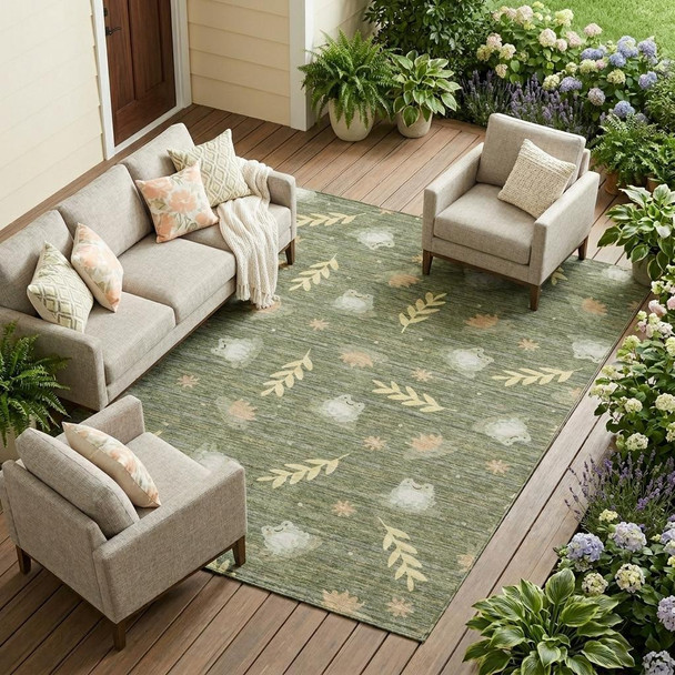9' X 12' Olive Green And Green Botanical Leaves Washable Indoor Outdoor Area Rug