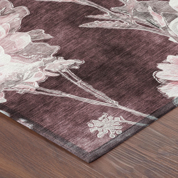 8' X 10' Burgundy And Red Floral Washable Indoor Outdoor Area Rug