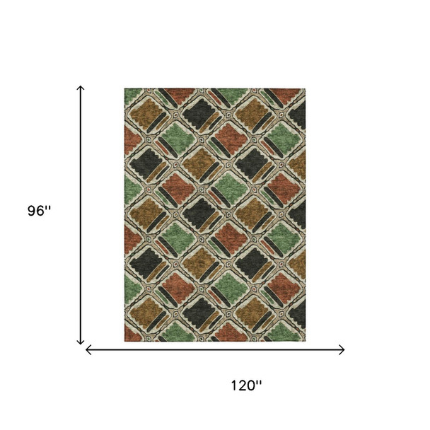 8' X 10' Orange And Emerald Geometric Washable Indoor Outdoor Area Rug