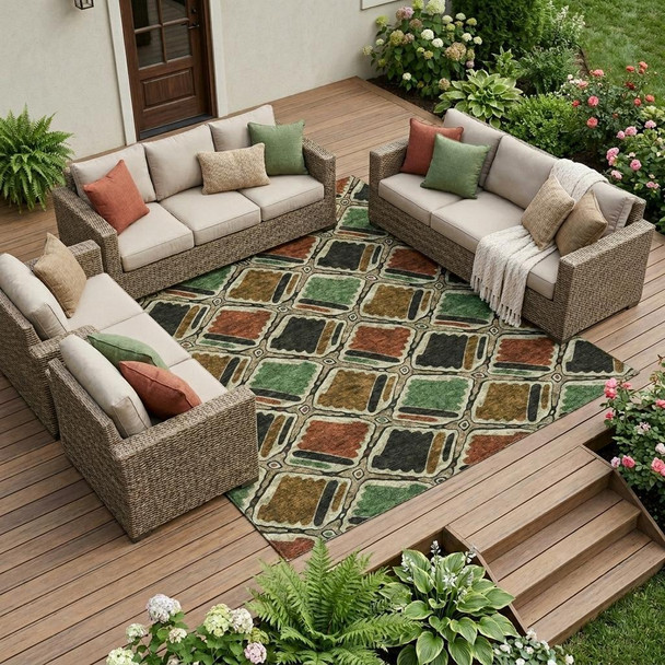 9' X 12' Orange And Emerald Geometric Washable Indoor Outdoor Area Rug