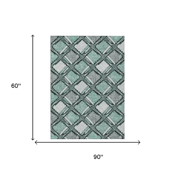 5' X 8' Aqua And Teal Blue Geometric Washable Indoor Outdoor Area Rug