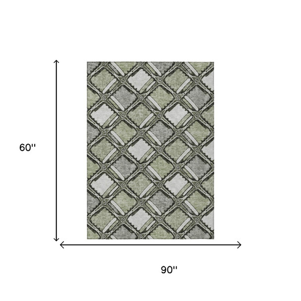 5' X 8' Sage And Green Geometric Washable Indoor Outdoor Area Rug