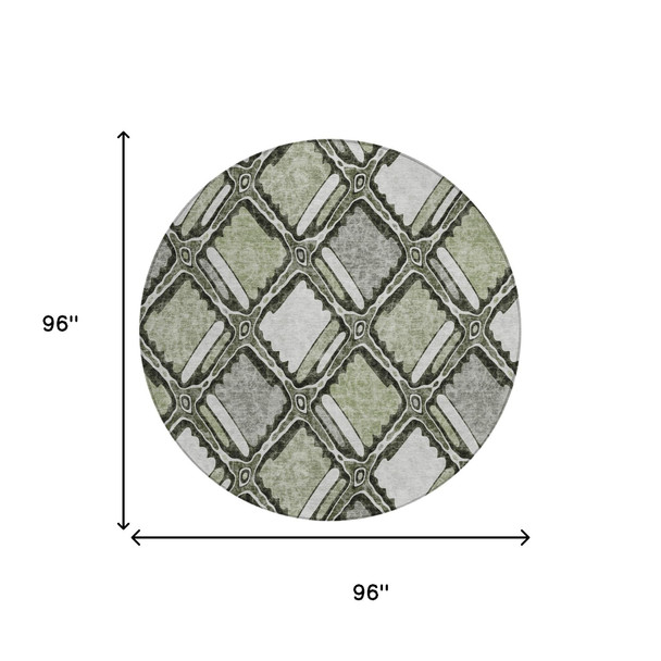 8' Sage And Green Round Geometric Washable Indoor Outdoor Area Rug