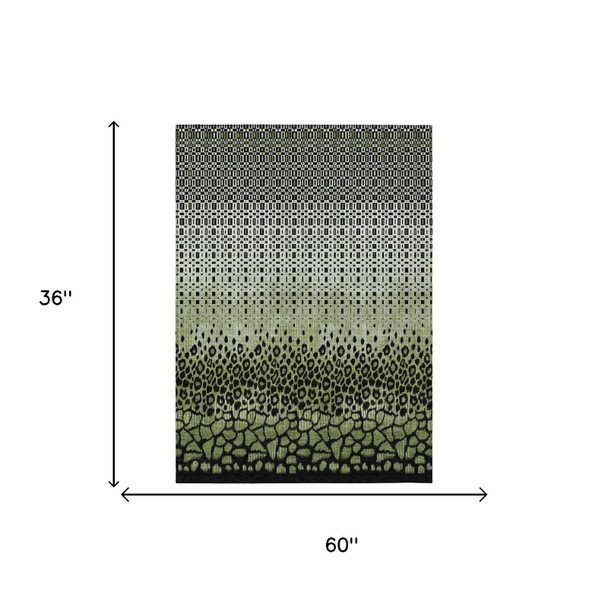 3' X 5' Green And Black Geometric Washable Indoor Outdoor Area Rug