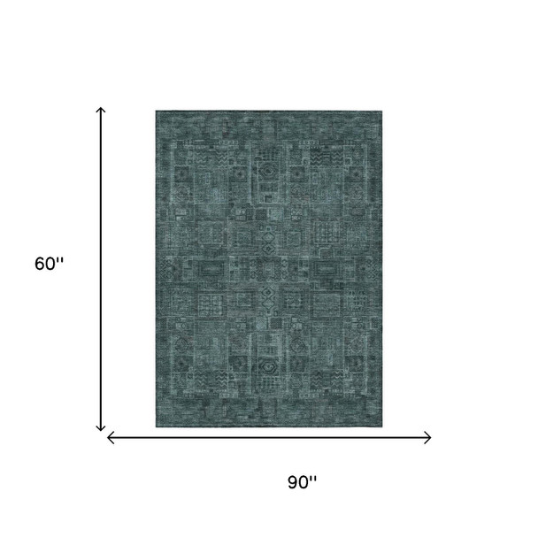 5' X 8' Teal Blue And Graphite Oriental Washable Indoor Outdoor Area Rug