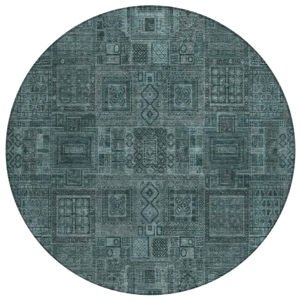 8' Teal Blue And Graphite Round Oriental Washable Indoor Outdoor Area Rug