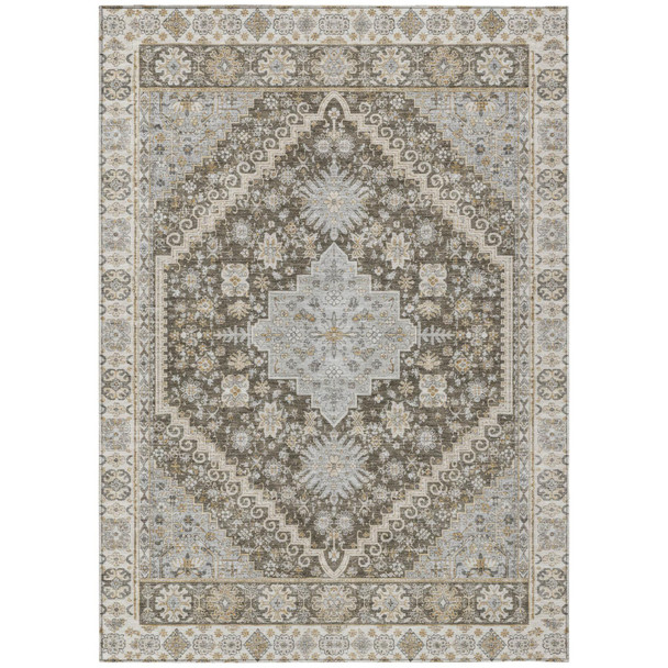 5' X 8' Brown And Silver Oriental Washable Indoor Outdoor Area Rug
