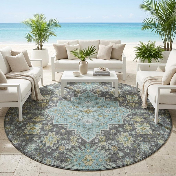 8' Gray And Graphite Round Oriental Washable Indoor Outdoor Area Rug