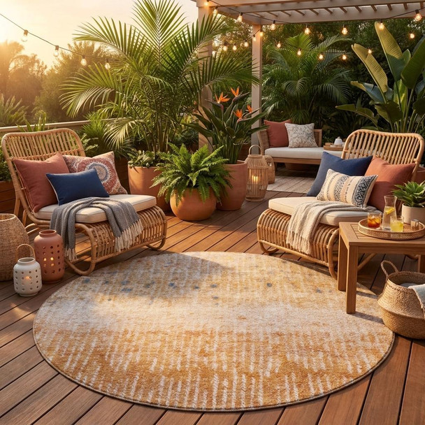 8' Orange And Beige Round Abstract Washable Indoor Outdoor Area Rug