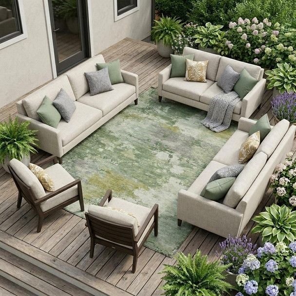 8' X 10' Green And Beige Abstract Washable Indoor Outdoor Area Rug