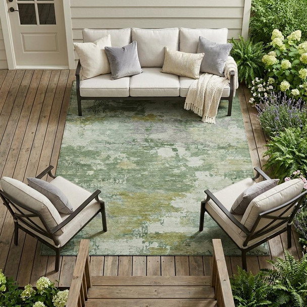 10' X 14' Green And Beige Abstract Washable Indoor Outdoor Area Rug