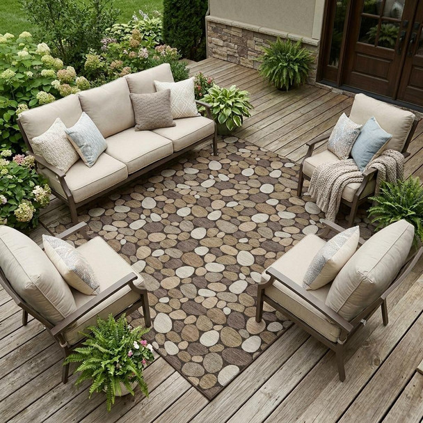 9' X 12' Brown And Chocolate Geometric Washable Indoor Outdoor Area Rug
