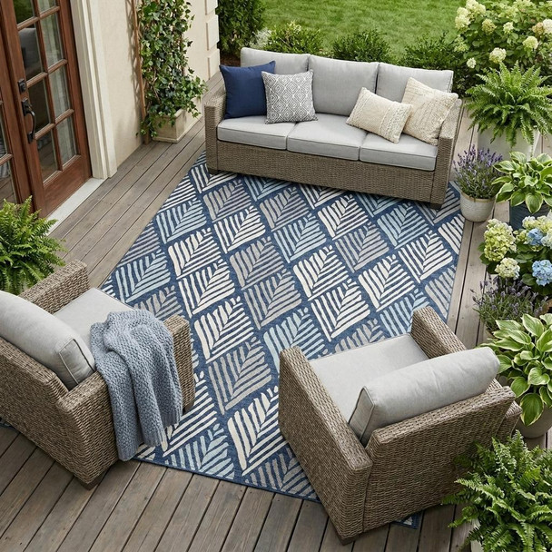 10' X 14' Navy Blue And Blue Geometric Washable Indoor Outdoor Area Rug
