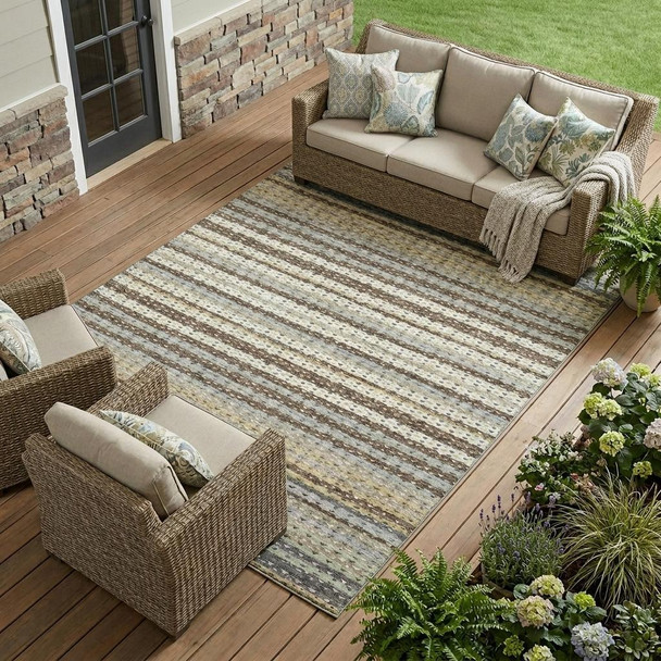 10' X 14' Coffee And Brown Striped Washable Indoor Outdoor Area Rug
