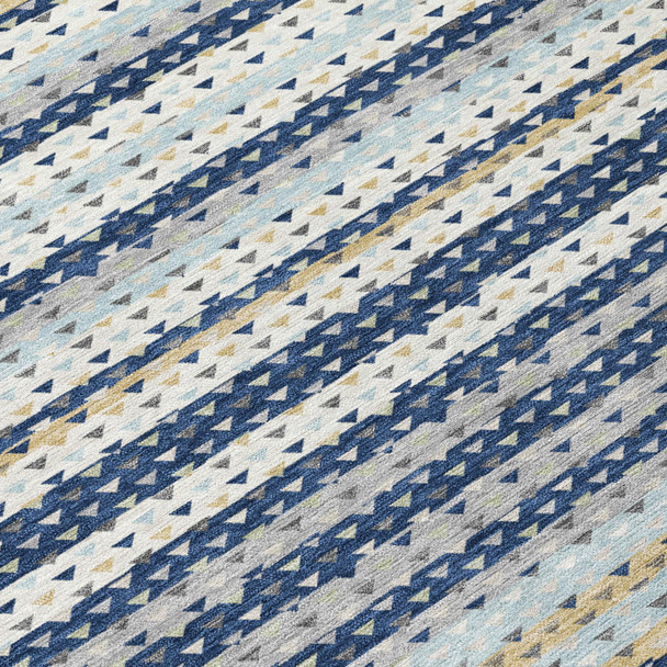 8' Navy Blue And Blue Round Striped Washable Indoor Outdoor Area Rug