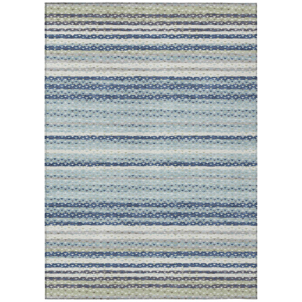 5' X 8' Blue And Ivory Striped Washable Indoor Outdoor Area Rug