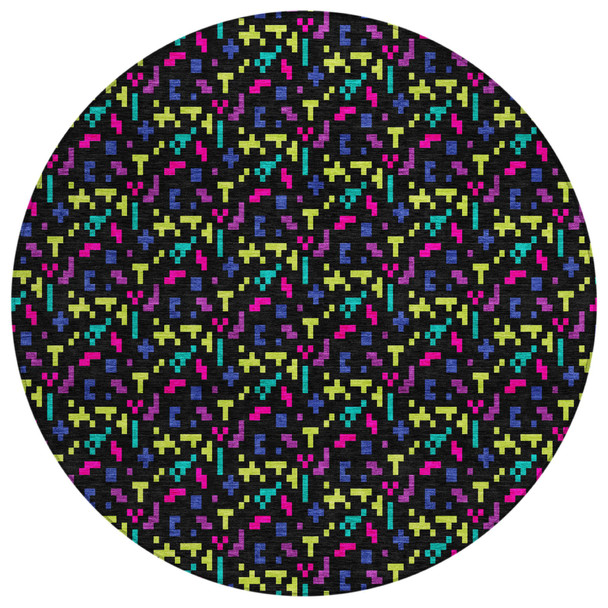 8' Black And Teal Blue Round Abstract Washable Indoor Outdoor Area Rug
