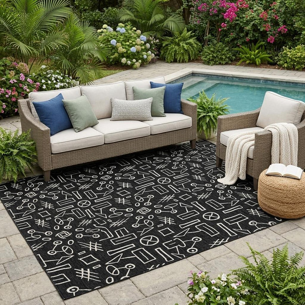 5' X 8' Black And White Geometric Washable Indoor Outdoor Area Rug