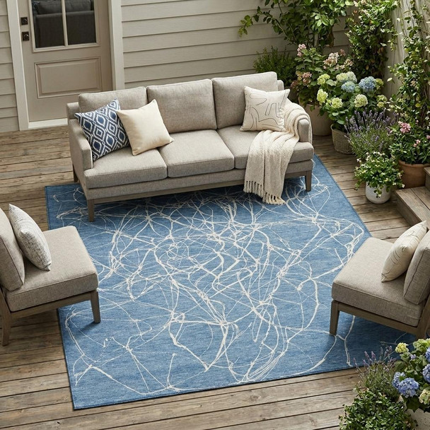10' X 14' Denim Blue And Blue Abstract Washable Indoor Outdoor Area Rug