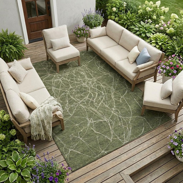 10' X 14' Olive Green And Green Abstract Washable Indoor Outdoor Area Rug