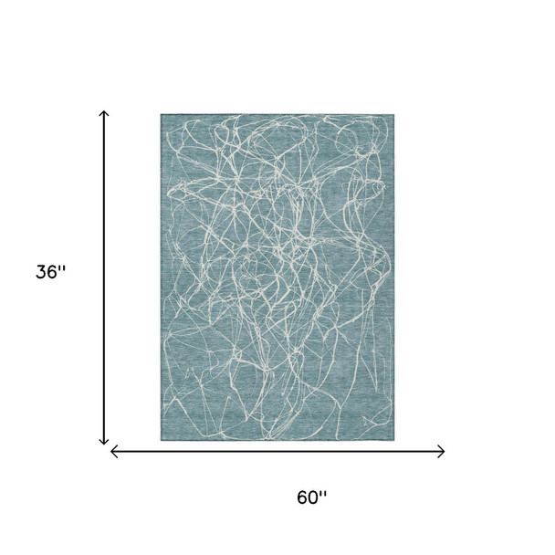 3' X 5' Teal Blue And Ivory Abstract Washable Indoor Outdoor Area Rug