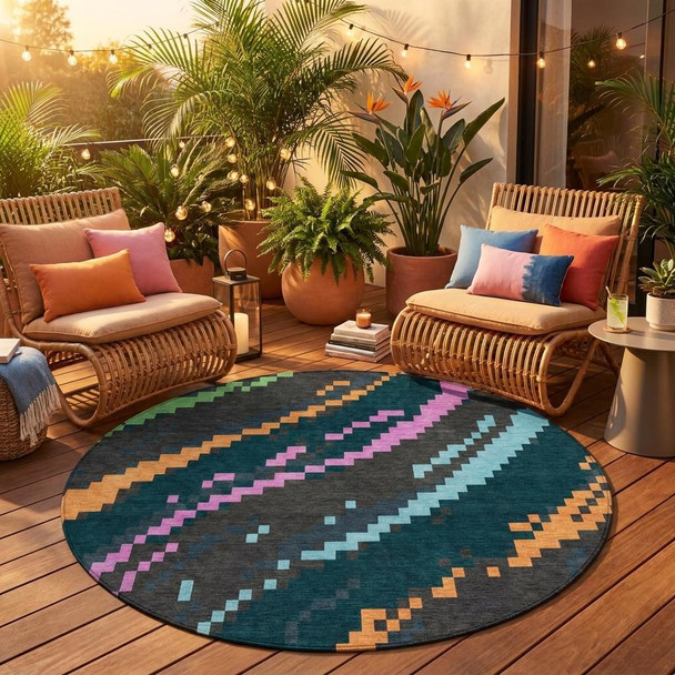 8' Graphite And Gray Round Abstract Washable Indoor Outdoor Area Rug