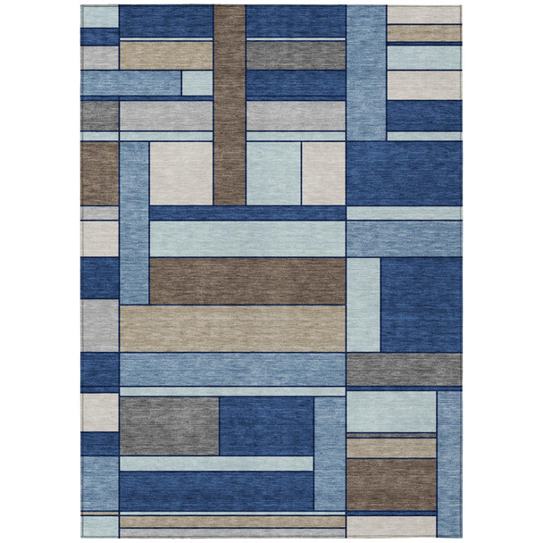 8' X 10' Blue And Chocolate Geometric Washable Indoor Outdoor Area Rug