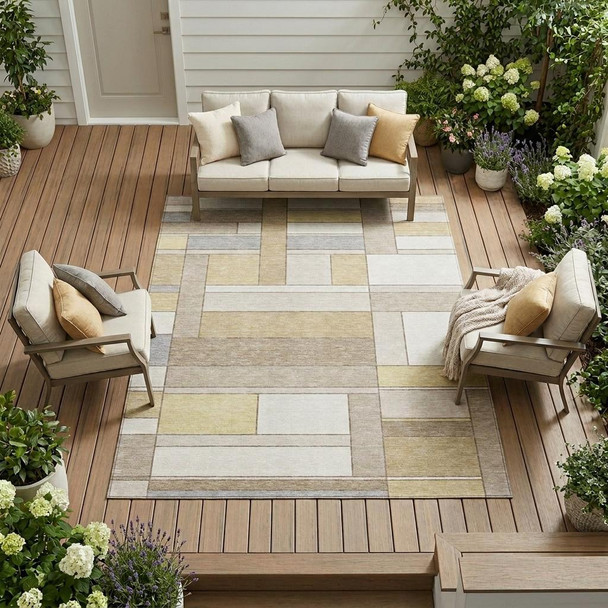 10' X 14' Ivory And Beige Geometric Washable Indoor Outdoor Area Rug