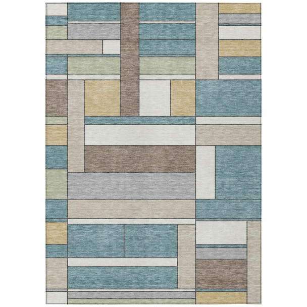 3' X 5' Teal Blue And Beige Geometric Washable Indoor Outdoor Area Rug