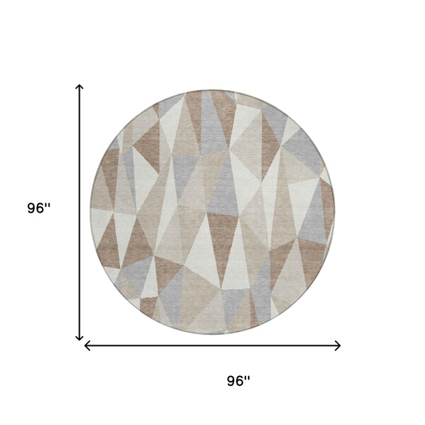 8' Ivory And Silver Round Geometric Washable Indoor Outdoor Area Rug