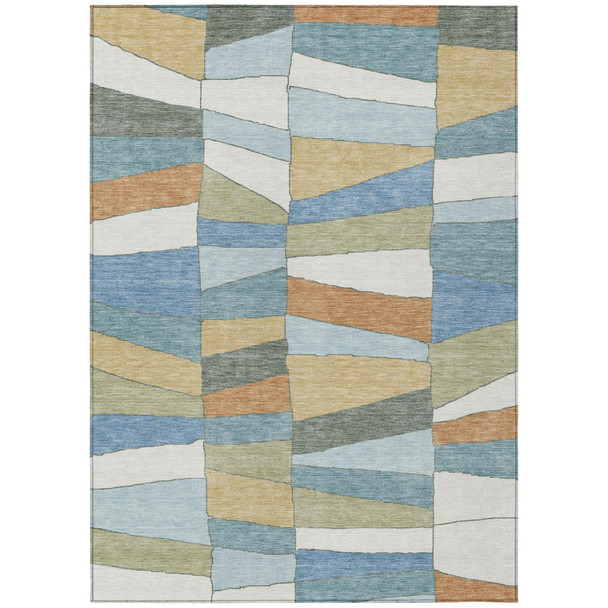 10' X 14' Blue And Ivory Geometric Washable Indoor Outdoor Area Rug