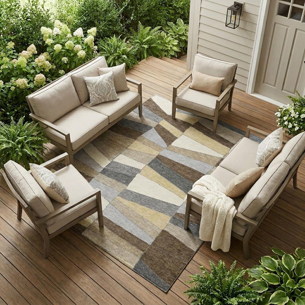 9' X 12' Chocolate And Brown Geometric Washable Indoor Outdoor Area Rug