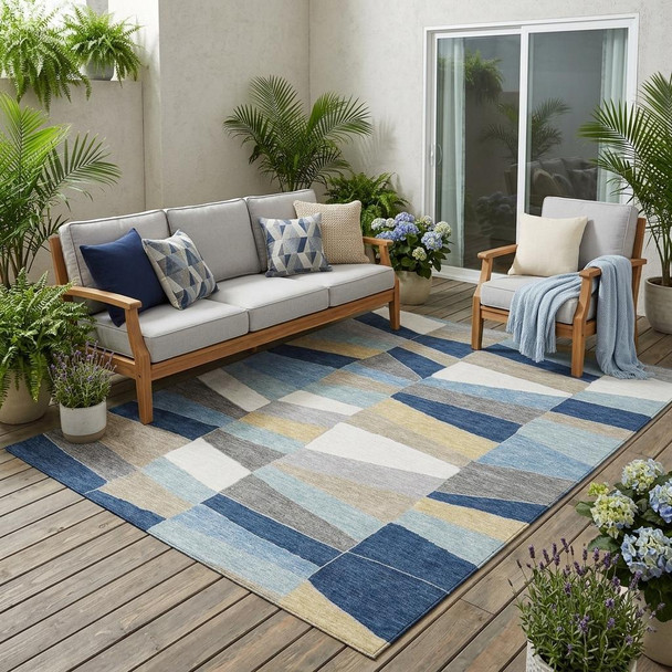 5' X 8' Navy Blue And Blue Geometric Washable Indoor Outdoor Area Rug