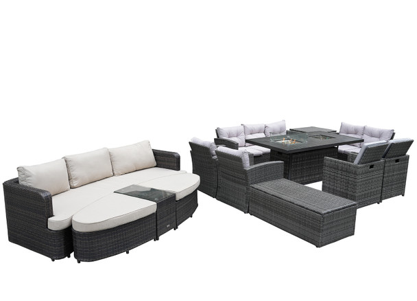 Ten Piece Gray Wicker Multiple Chairs Seating Group With Fire Pit And Table