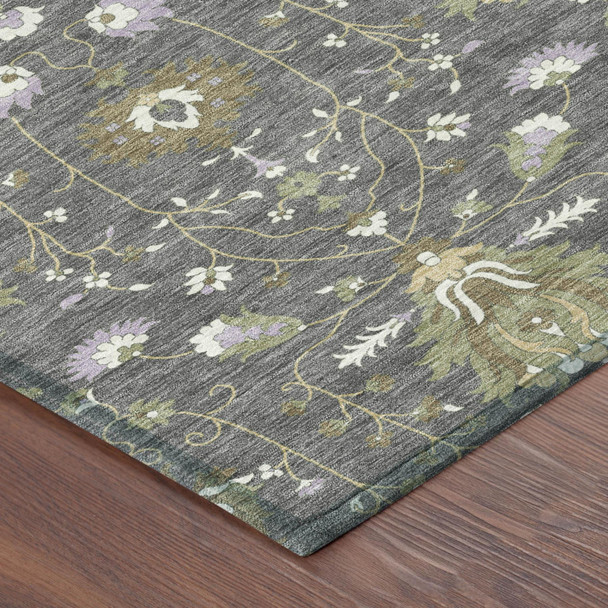 8' Gray And Graphite Round Oriental Washable Indoor Outdoor Area Rug